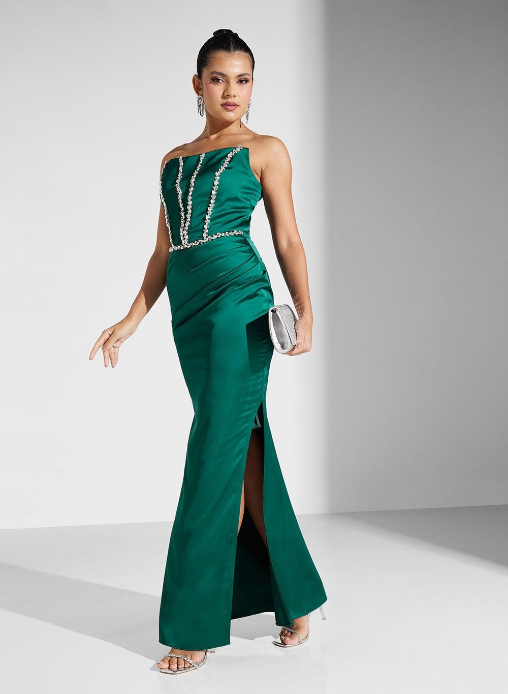 Strapless Emerald Satin Gown with Beaded Bodice - Image 1