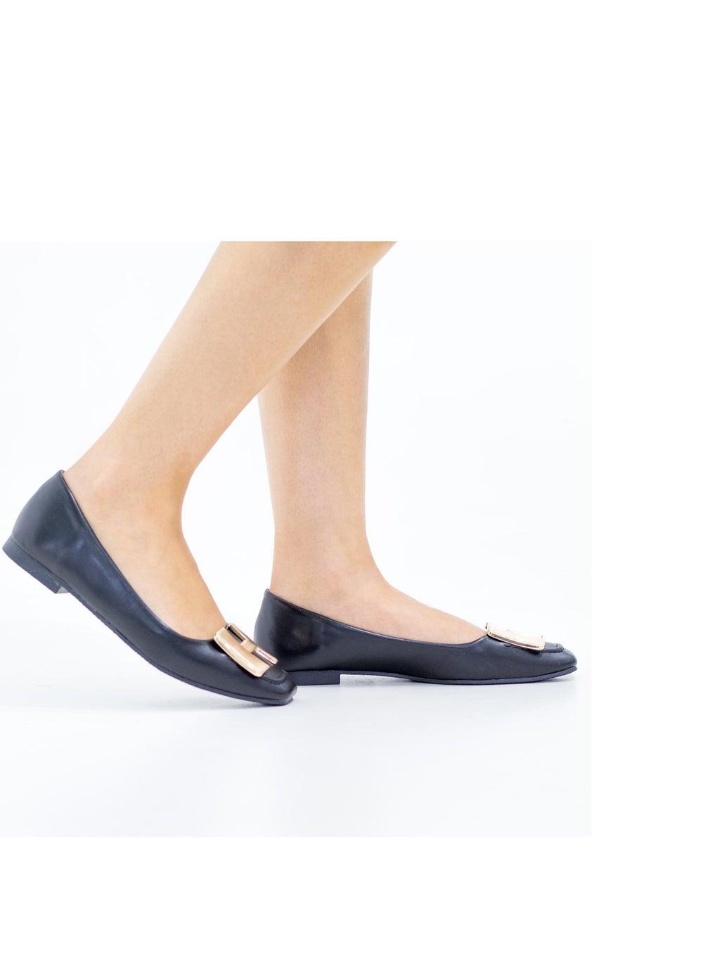 Alvira Gold H-Trim Faux Leather Black Pumps - Image 1