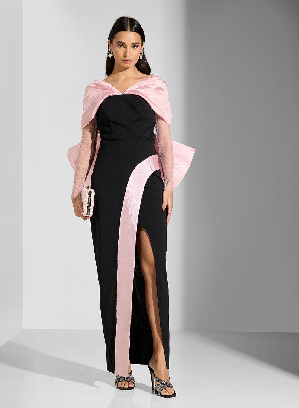 Asymmetric Slit Black Maxi Dress with Sheer Sleeves - Image 1