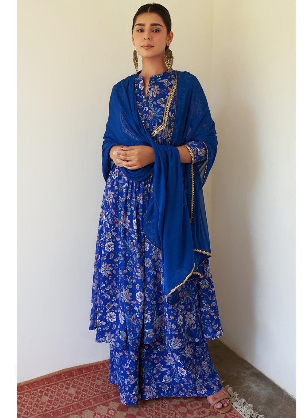 Teal Blue Georgette Printed Flared Kurti 3-Piece Set - Image 1