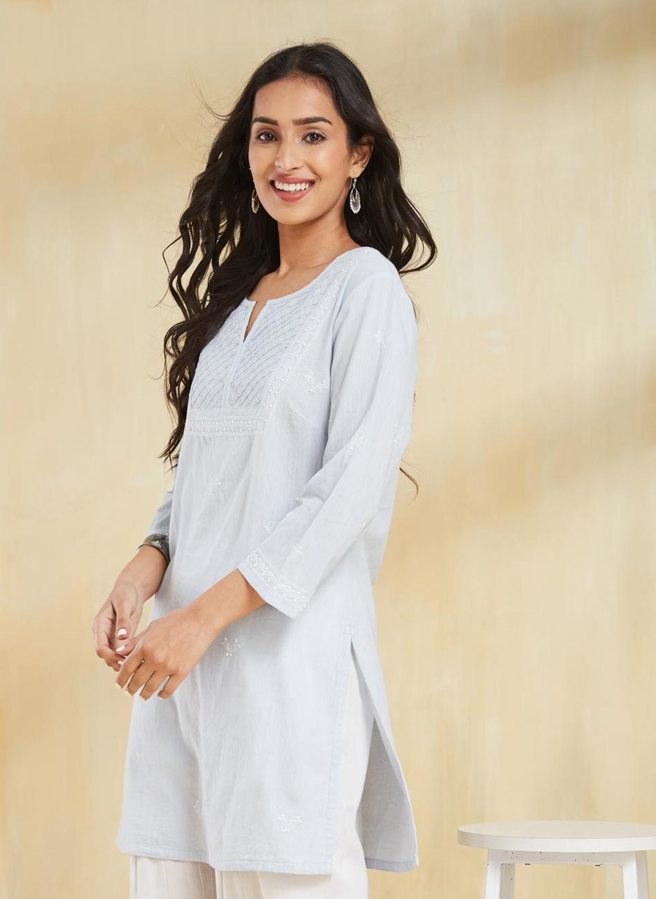 Blue Cotton Slim Fit Chikankari Short Kurta - Image 1