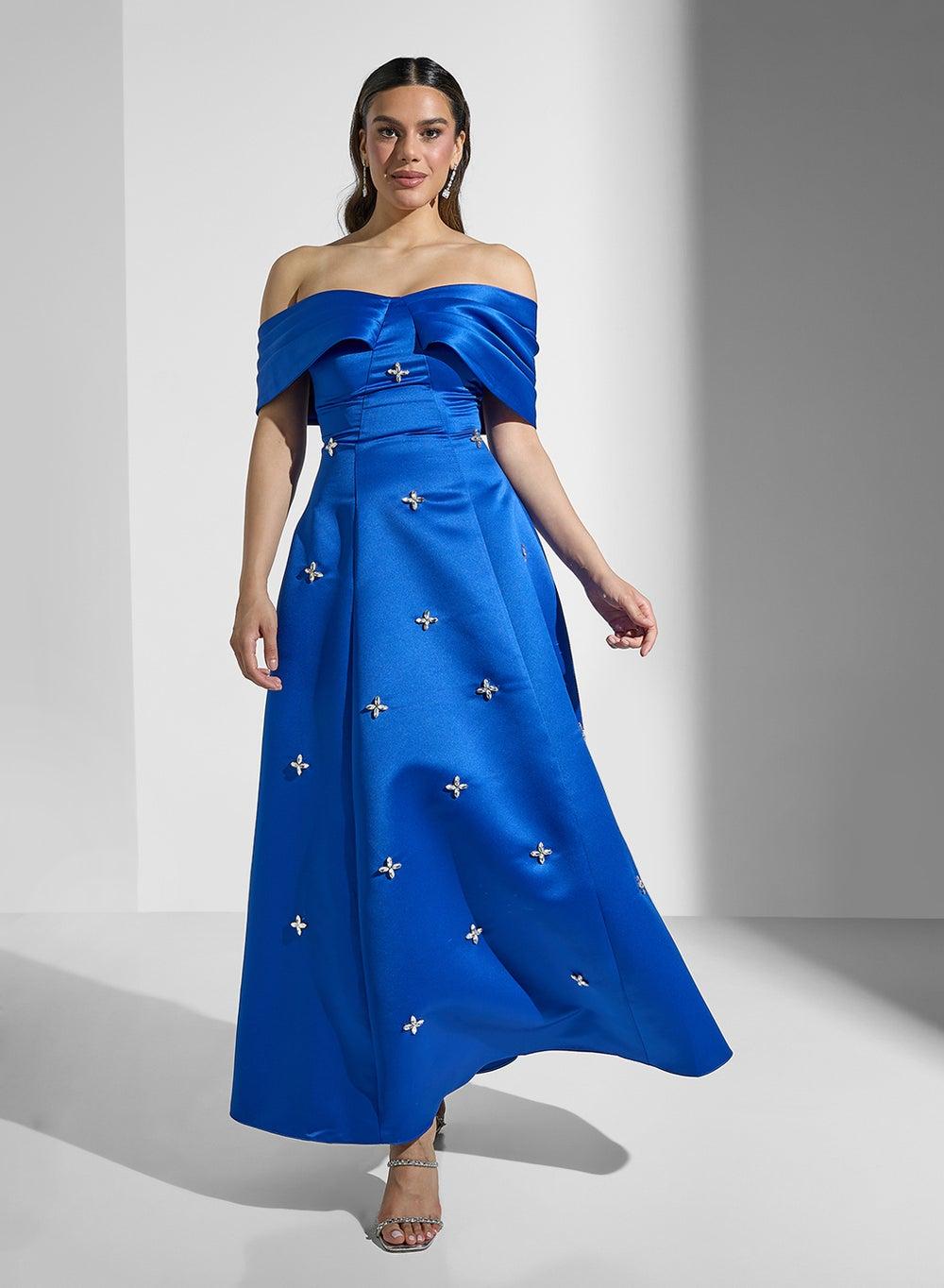 Bright Blue Off-Shoulder Satin A-Line Dress - Image 1