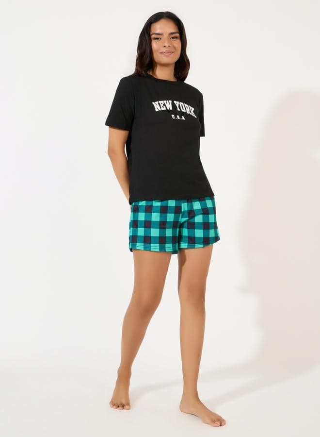 Styli NY Print T-Shirt and Check Shorts Set - Image 1