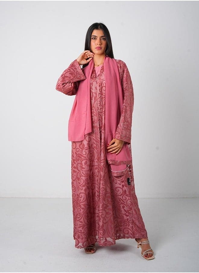 Dark Pink Full Lace Open Abaya 3-Piece Set - Image 1