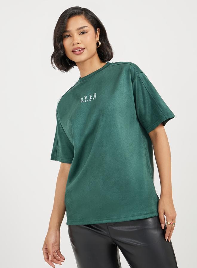 Styli Oversized Suede Look Overthinking Slogan T-Shirt - Image 1