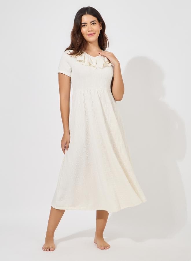 Styli Textured Ruffle Neck Nightdress - Image 1
