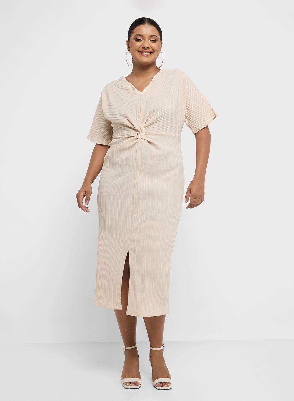 Twist Front Tan Midi Dress with Front Slit - Image 1