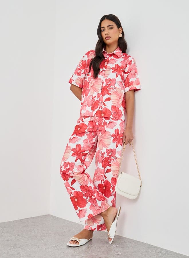 Printed Collared Buttoned Shirt and Pants Co-Ords - Image 1