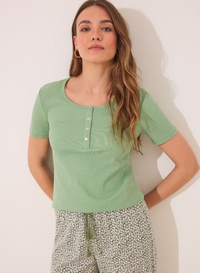Long Green Ribbed Cotton Pajamas - Image 1
