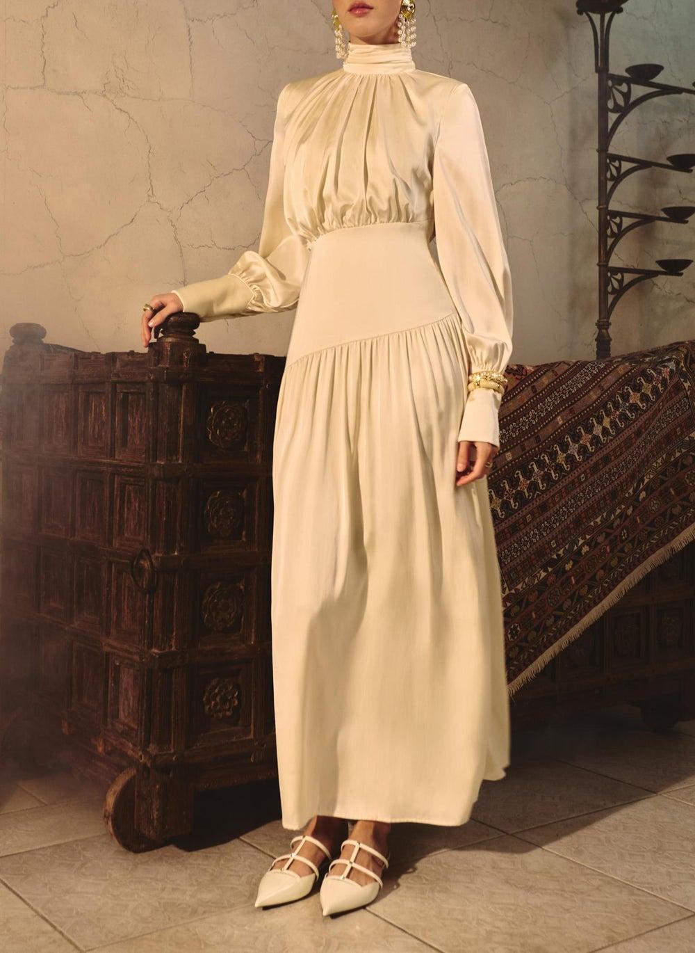 Smooth Fitted Maxi Dress with Pleated Bodice - Image 1