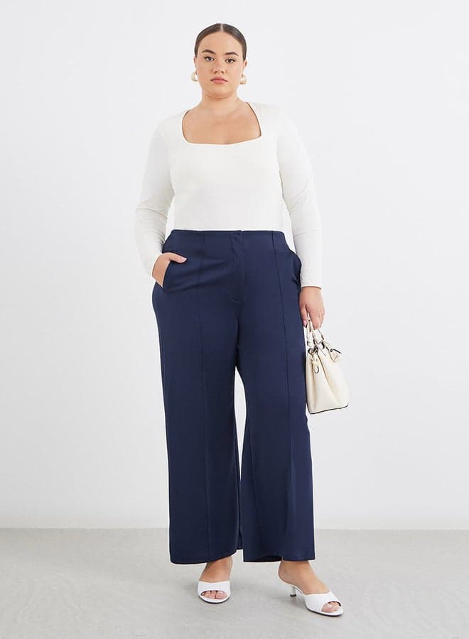 Plus Navy Blue Wide Leg Pants with Pintuck Detail - Image 1