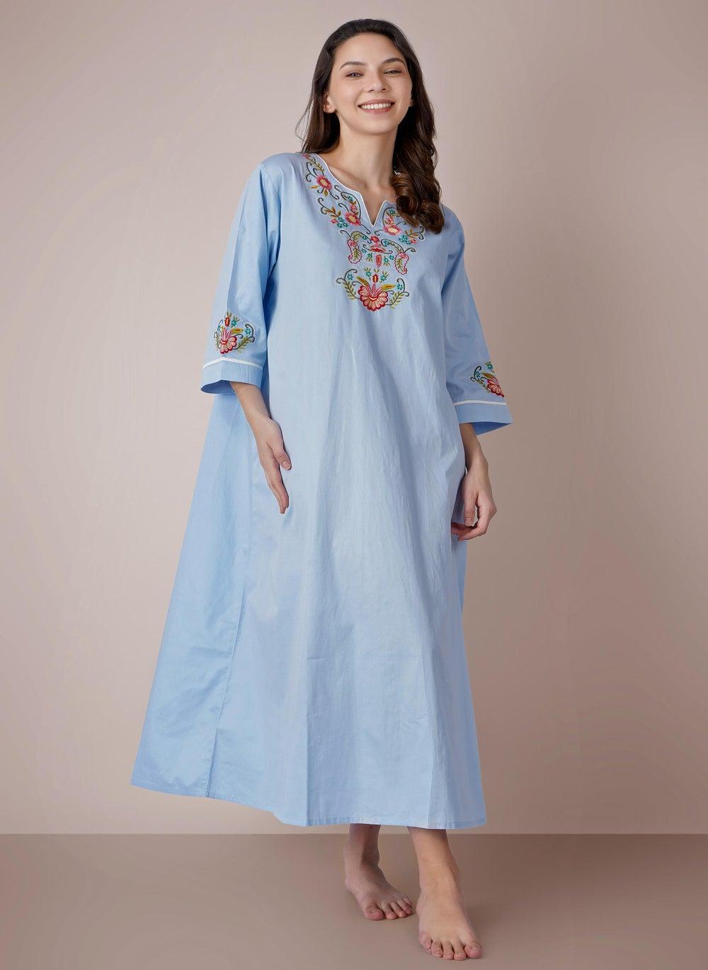 Moira Blue Cotton Satin Hand-Embroidered Kaftan Dress - Image 1