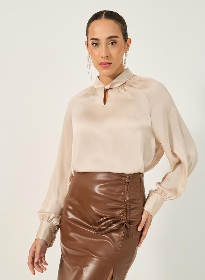 Textured Satin Balloon Sleeve Blouse with Button Detail - Image 1