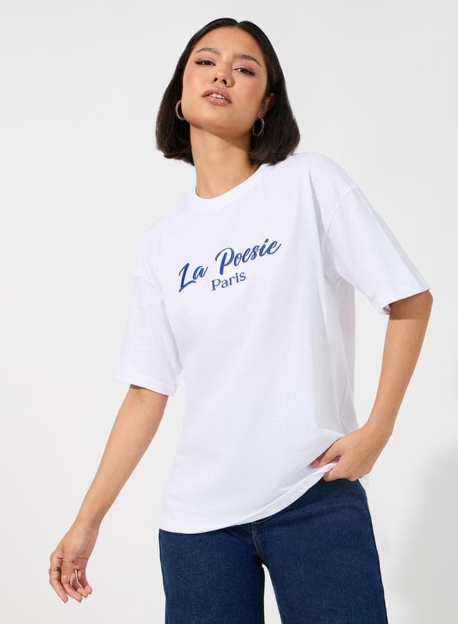 Styli Oversized La Poesie Paris Embroidered Slogan Tee - Image 1