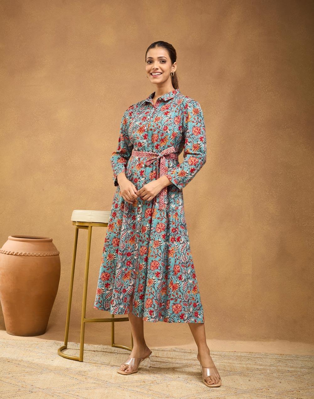 Green Cotton Printed Midi Dress - Image 1
