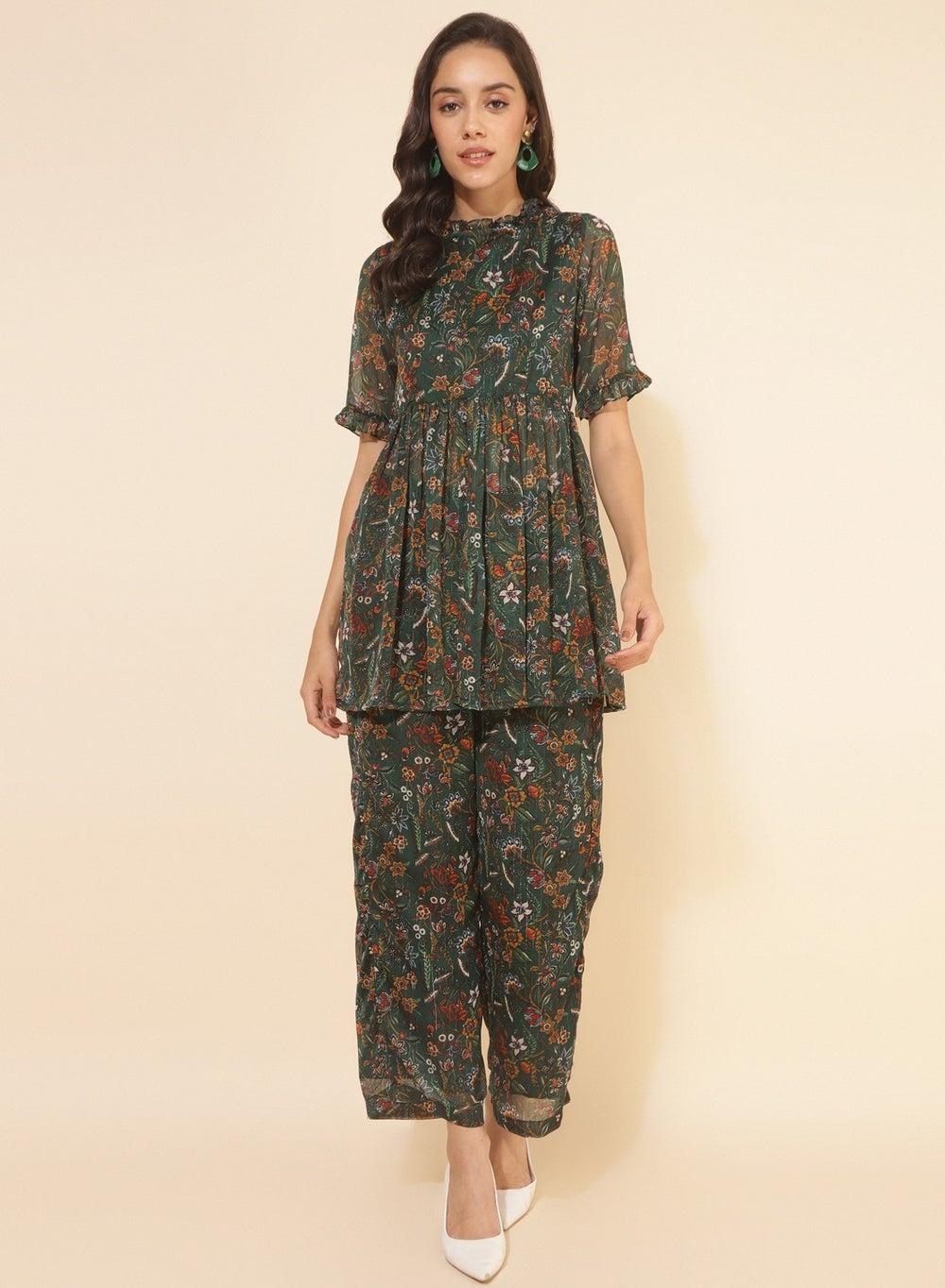 Green Chiffon Floral Printed Kurti with Pant Set - Image 1