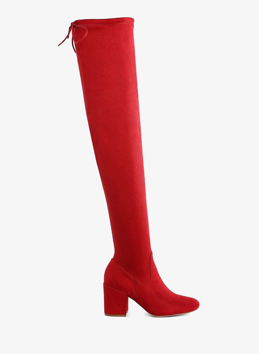 Red Minimal Drawstring Knee-High Boots with Block Heel - Image 1