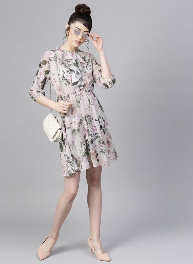 Grey Green Floral Fit and Flare Mini Dress - Image 1