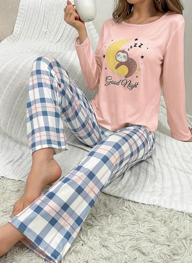 Take Two Graphic Print Long Sleeve Checked Pyjama Set - Image 1
