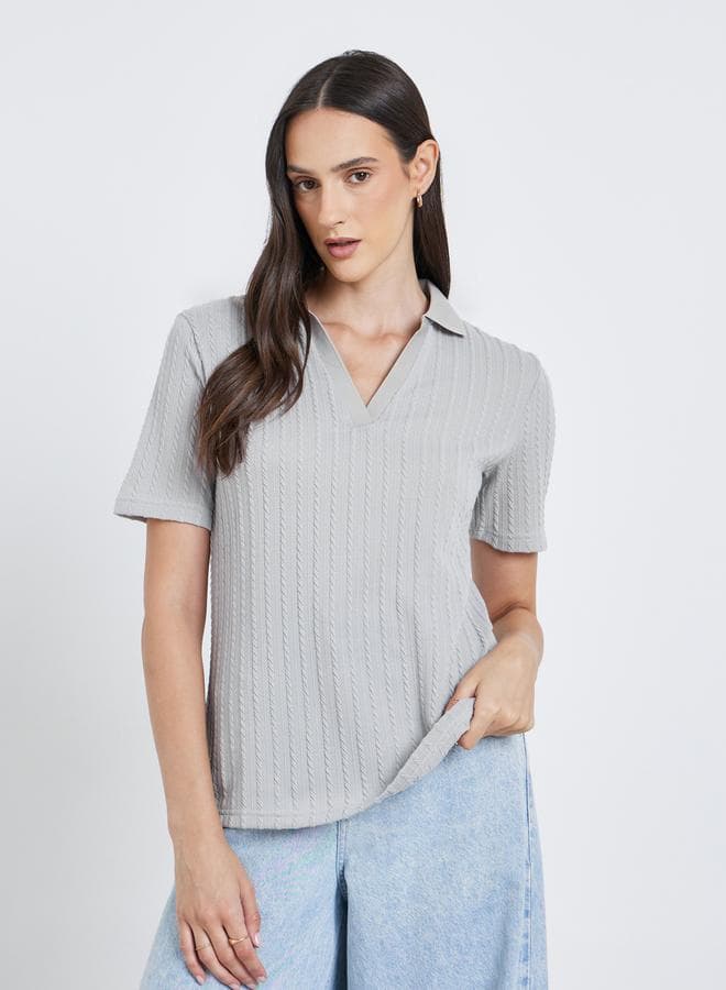 Styli Grey Knitted Relaxed Fit Polo T-Shirt - Image 1