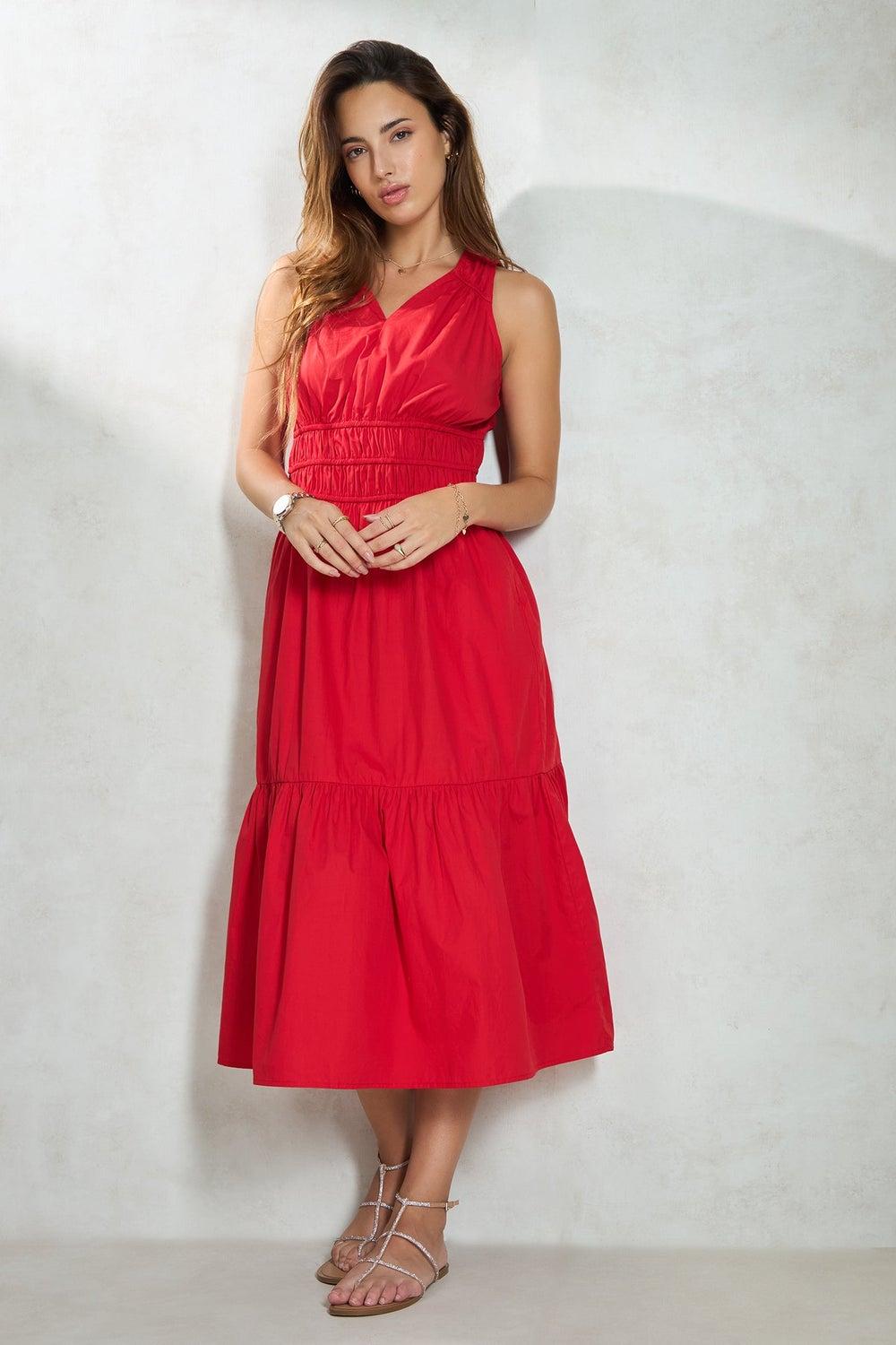 Virgio Orange Floral V-Neck Tiered Midi Dress - Image 1