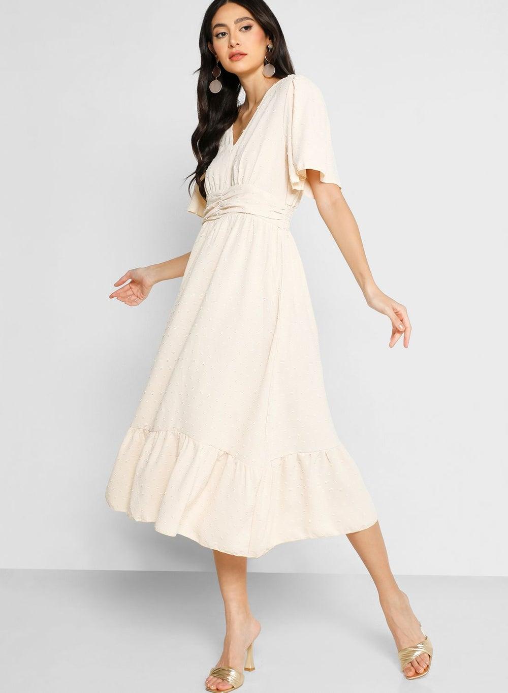 Ruffled A-Line Midi Dress with Flutter Sleeves - Image 1