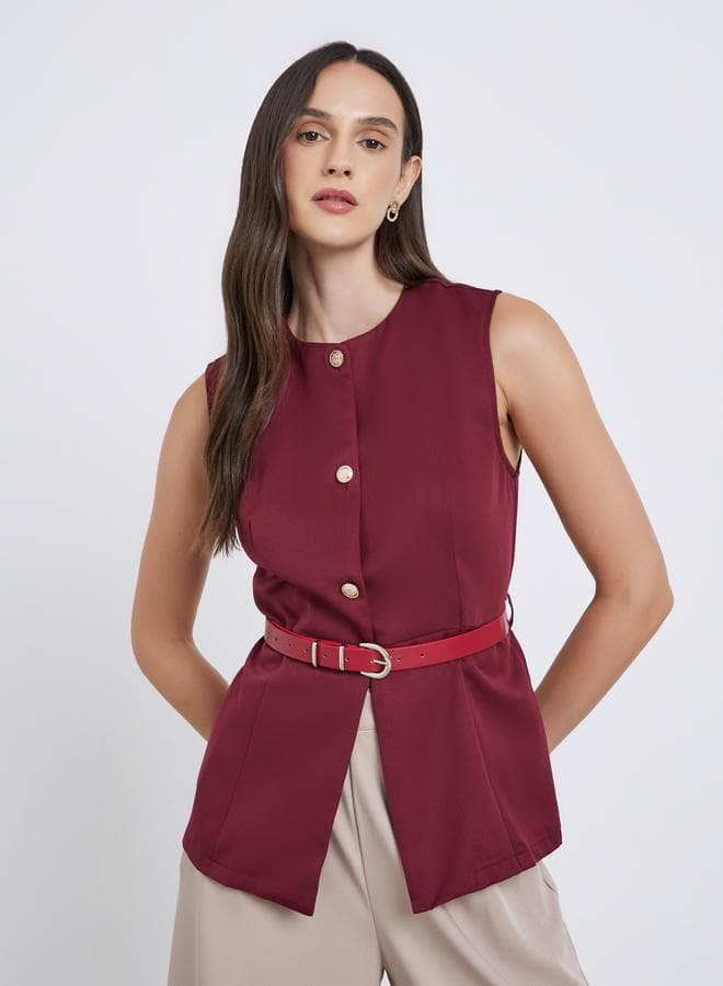 Styli Round Neck Buttoned Waistcoat With Belt - Image 1