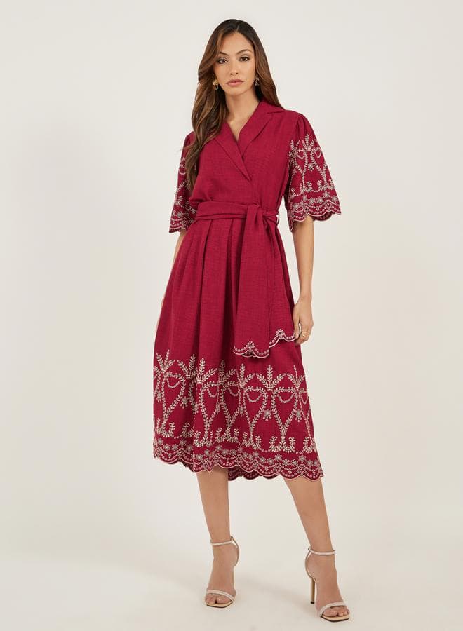 Maroon Embroidered Wrap Midi Dress - Image 1