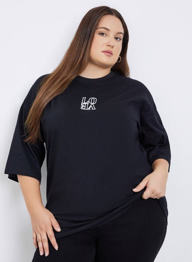 Plus Size Black Love Embroidered Short Sleeve T-Shirt - Image 1