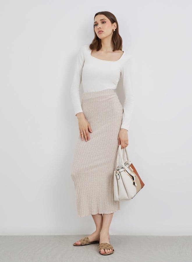 Take Two Beige Ribbed Knit Midi Skirt - Image 1
