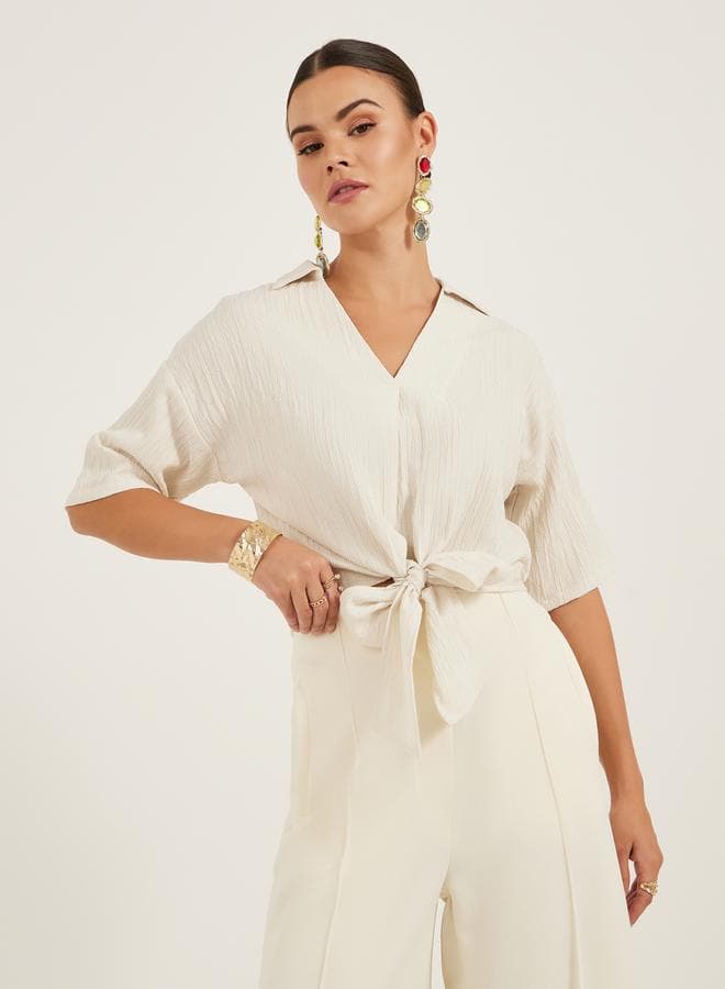 Textured V-Neck Tie-Up Detail Blouse - Image 1