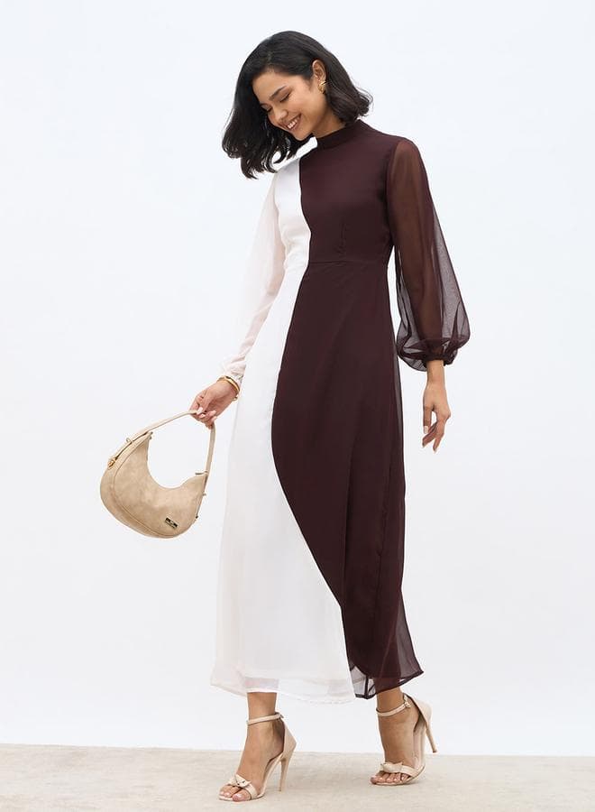 Color Block High Neck A-Line Maxi Dress - Image 1