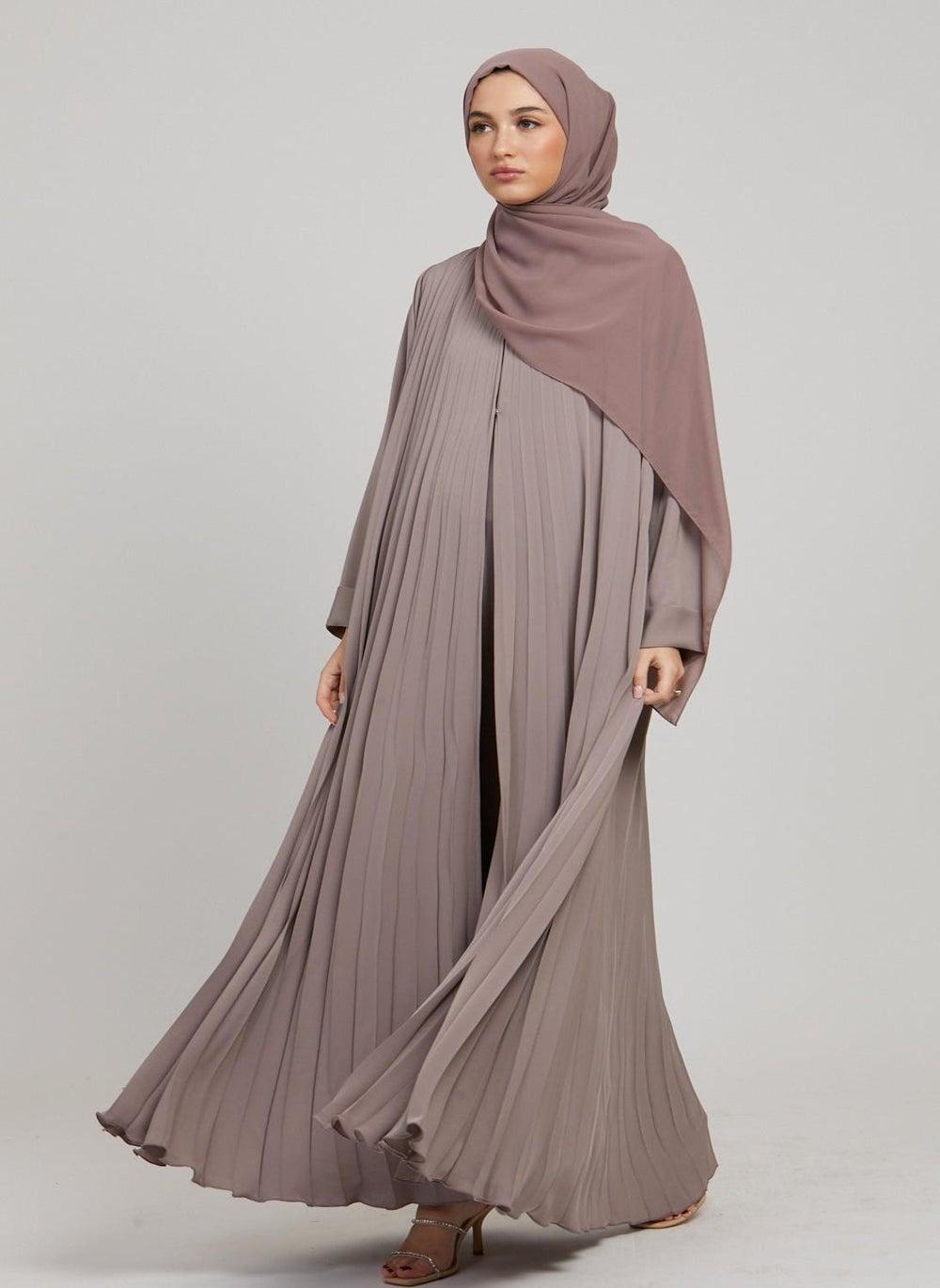 Brown Pleated Abaya with Belt and Hijab N230A - Image 1