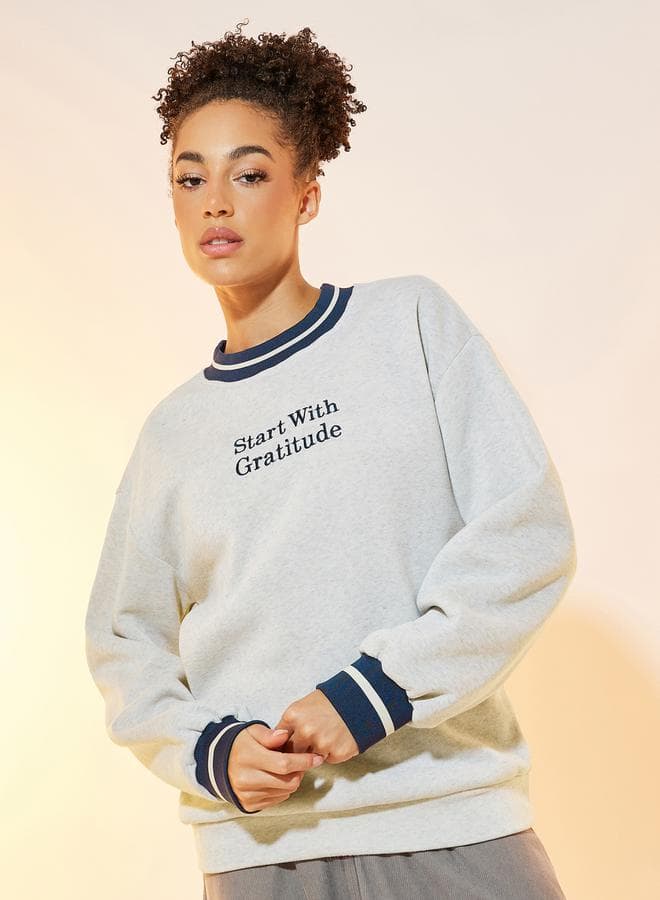 Contras Rib Neck Embroidered Slogan Sweatshirt - Image 1