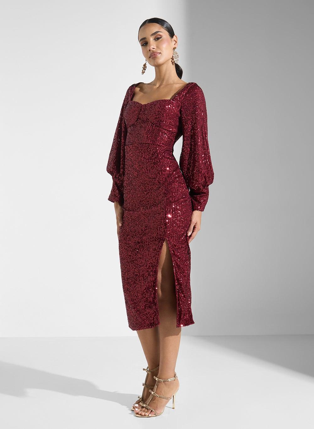 Sequin Sweetheart Midi Dress with Balloon Sleeves - Image 1
