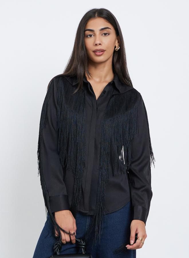 Styli Black Fringe Shirt with Concealed Placket - Image 1