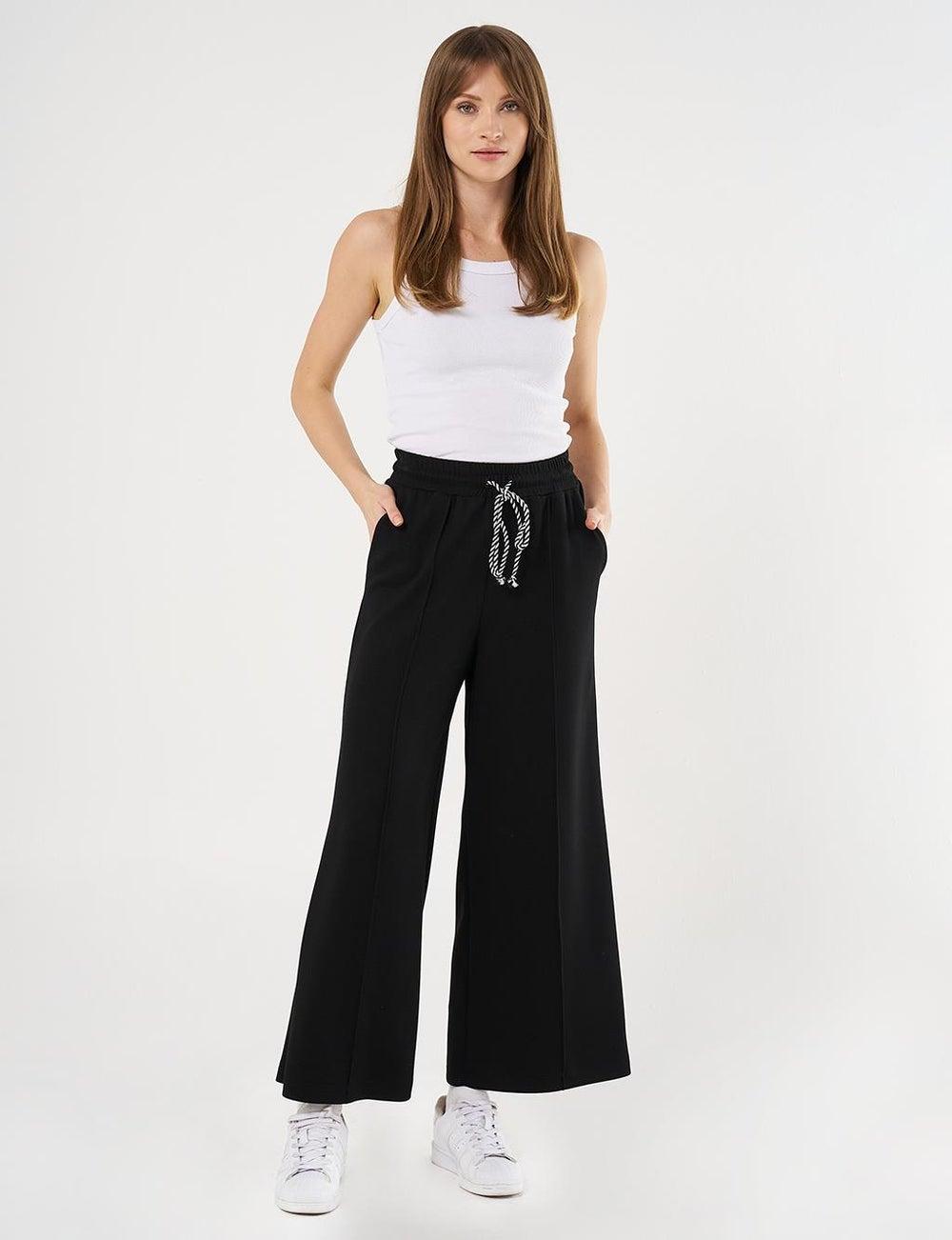Black Topstitched Knit Pants with Lace-Up Waist - Image 1