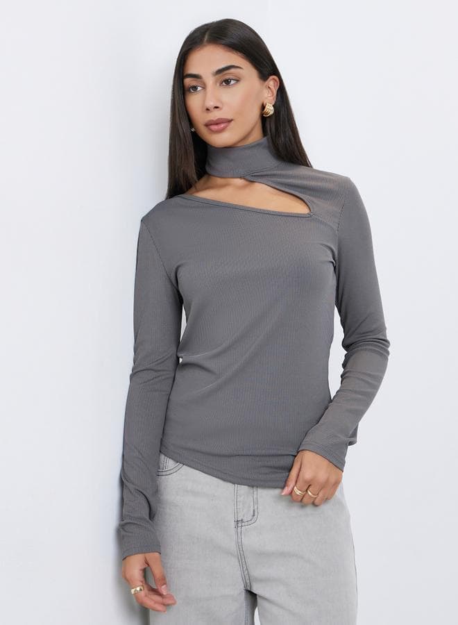 Styli Charcoal Knit Top with Cut-Out Detail - Image 1