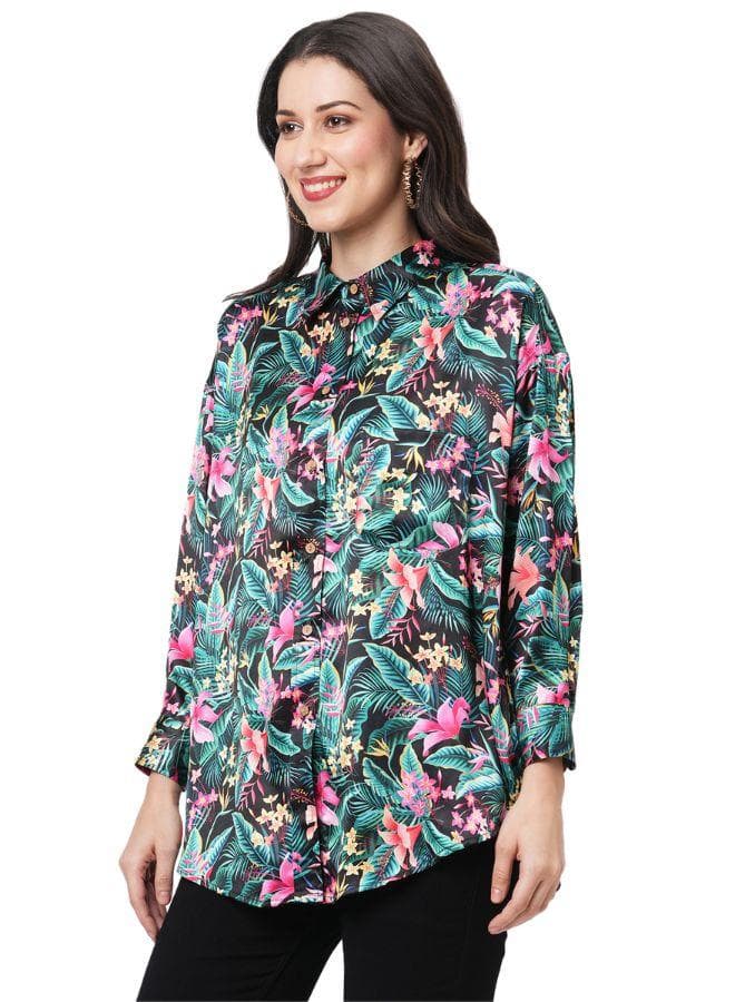 Tropical Print Satin Shirt with Relaxed Fit - Image 1