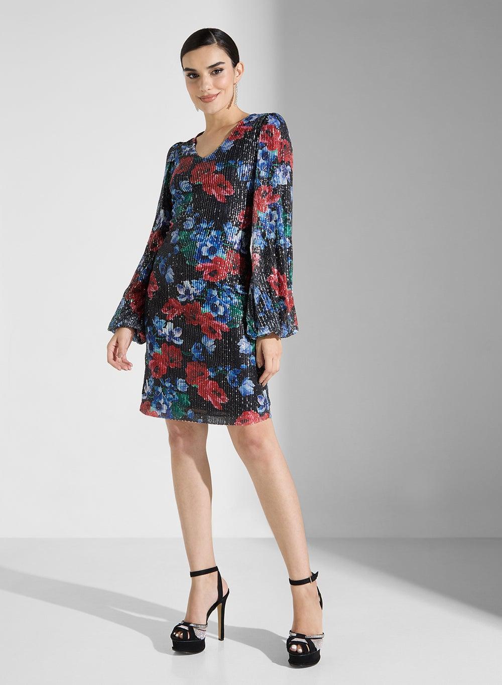 Floral Print Knee-Length Dress with Flared Sleeves - Image 1