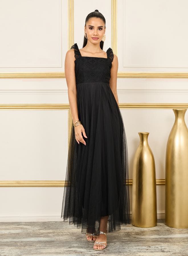 Black Lace Bodice Tulle Maxi Dress - Image 1