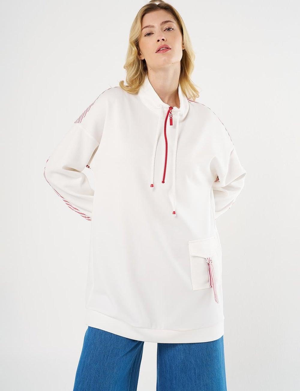 Ecru Fabric-Trimmed Scuba Sweatshirt - Image 1