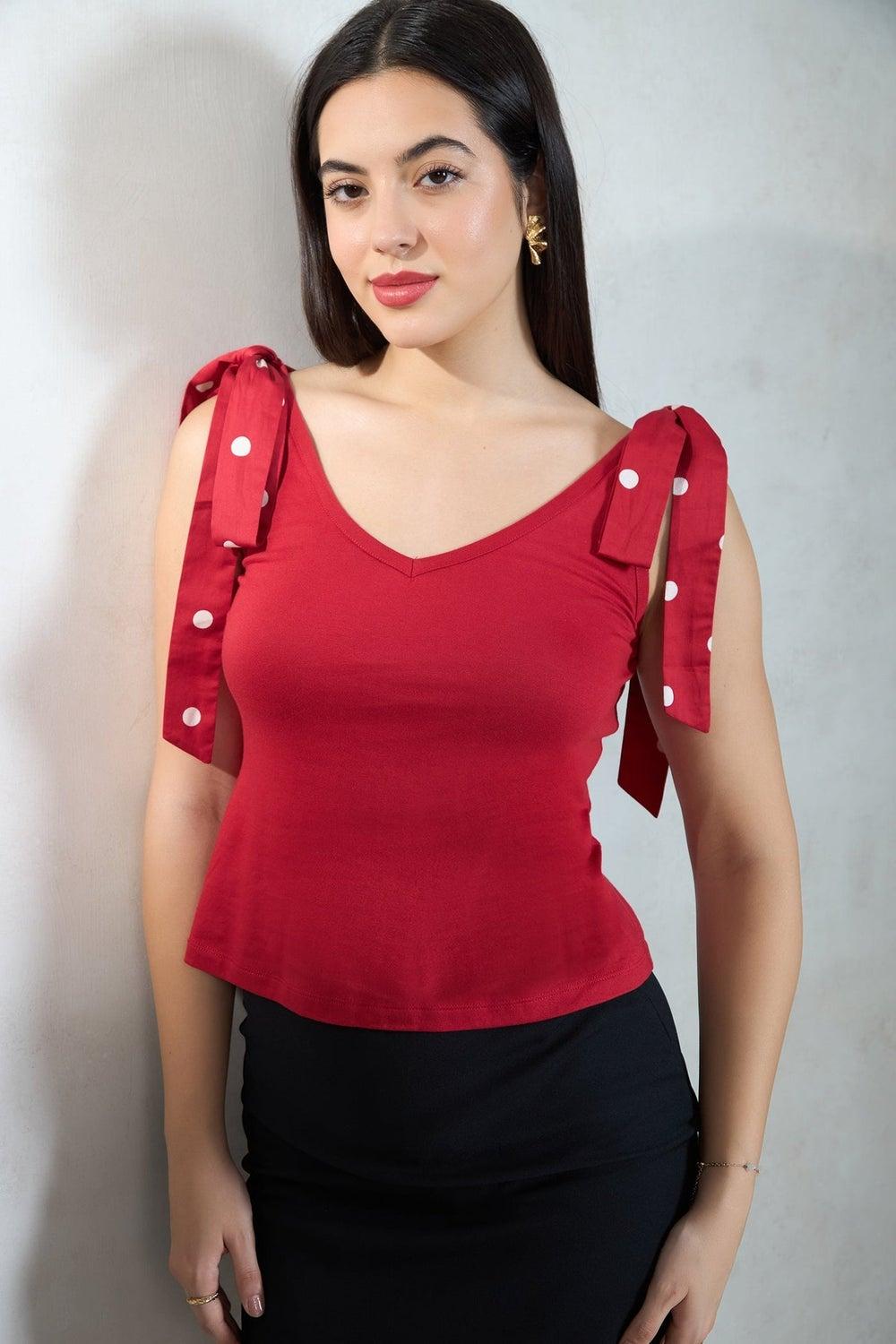 VIRGIO Red Cotton Knit Top with Shoulder Bow - Image 1