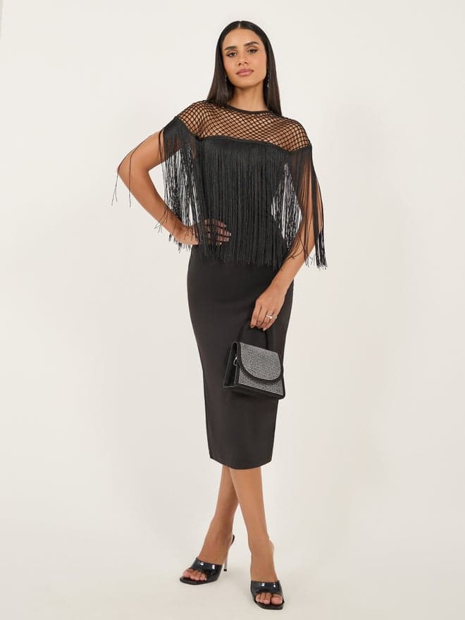 Black Fringe Detail Midi Sheath Dress - Image 1