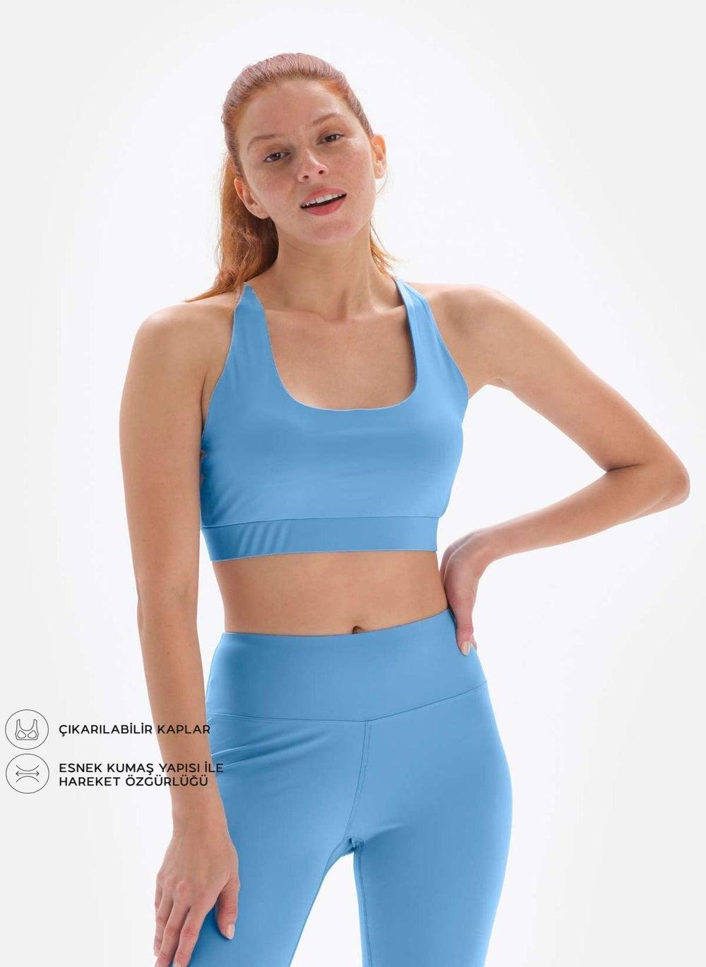 Blue U-Neck Thin Strap Polyamide Sports Bra - Image 1