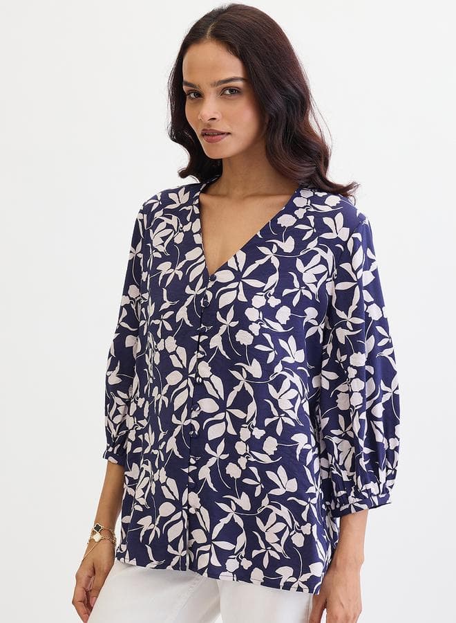Femmella Navy Floral Buttoned Top with 3/4 Sleeves - Image 1