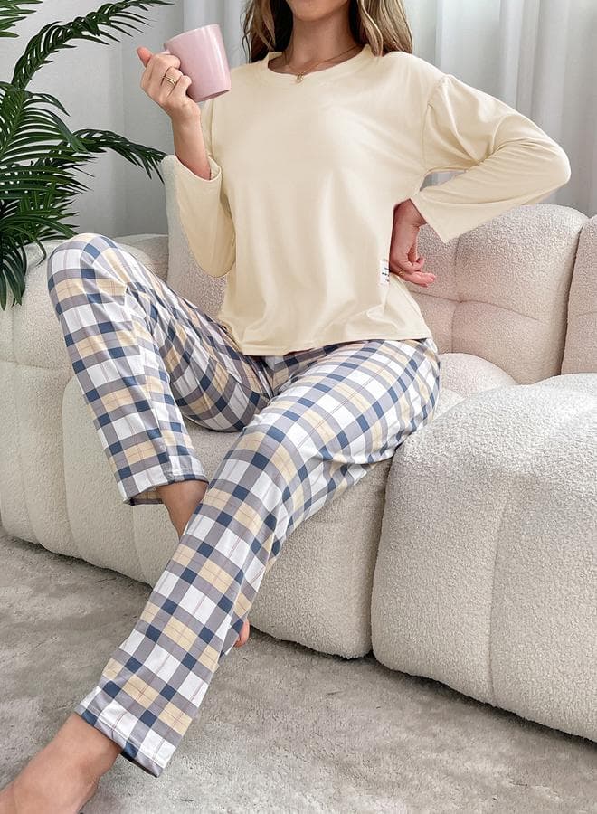Take Two Cream Solid Checked Pyjama Set - Image 1