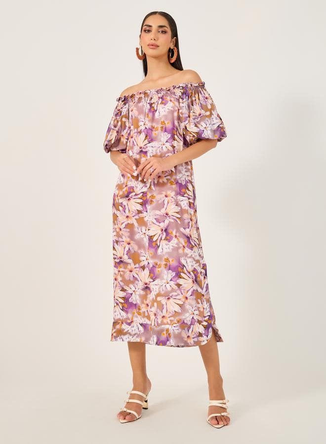 Floral Off-Shoulder Midi Dress with Side Slit - Image 1