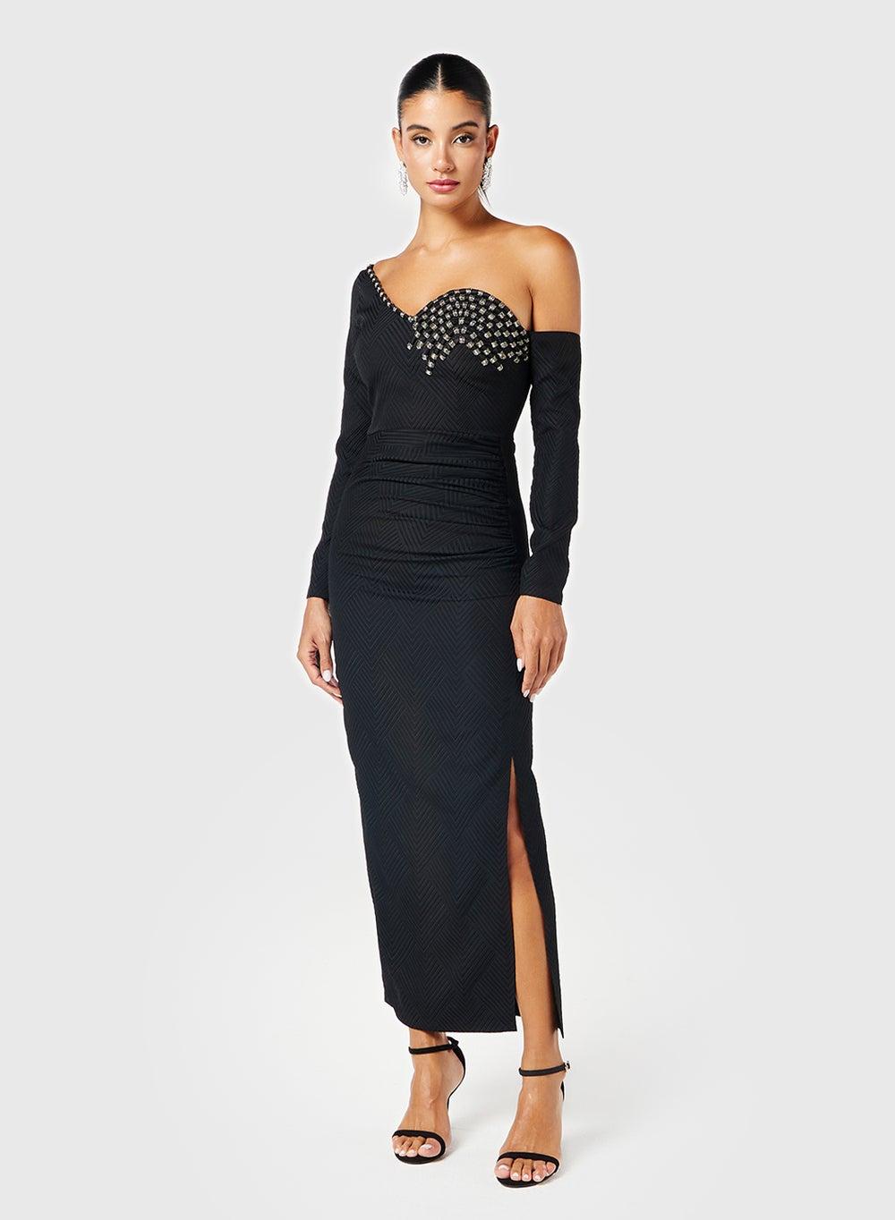 One-Shoulder Embellished Black Dress - Image 1