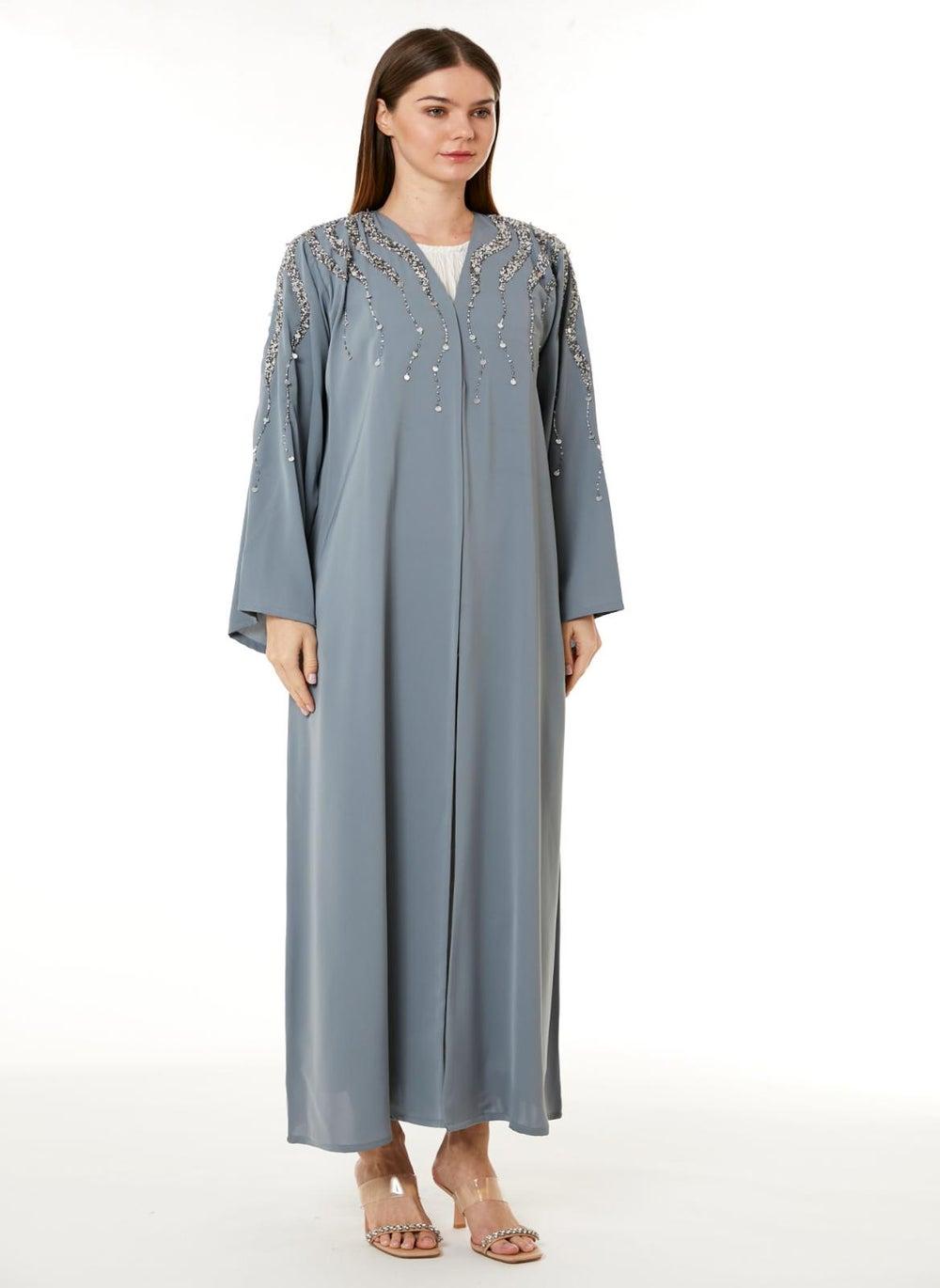 Grey Korean Nida Hand Embellished Abaya - Image 1